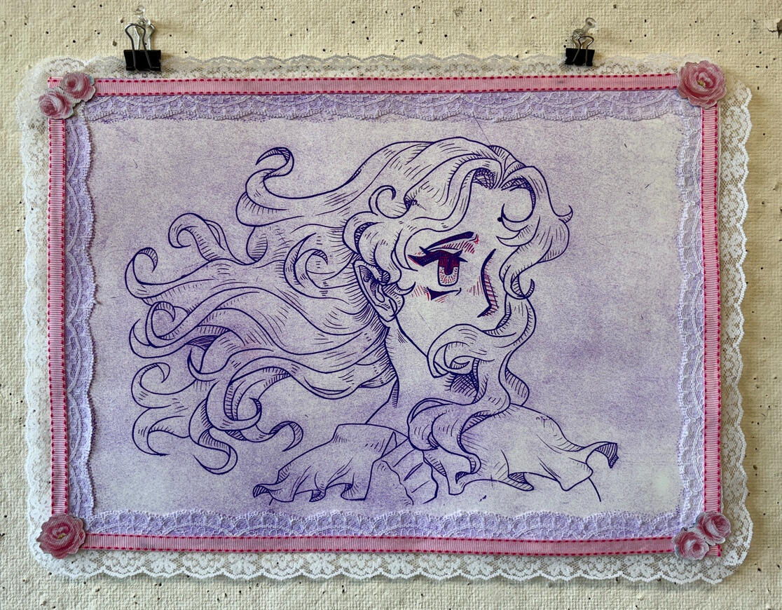 &quot;It&#39;s no use&quot;, Dry point print of Anthy Himemiya from Revolutionary Girl Utena with added lace, ribbon, and paper flower cutouts
