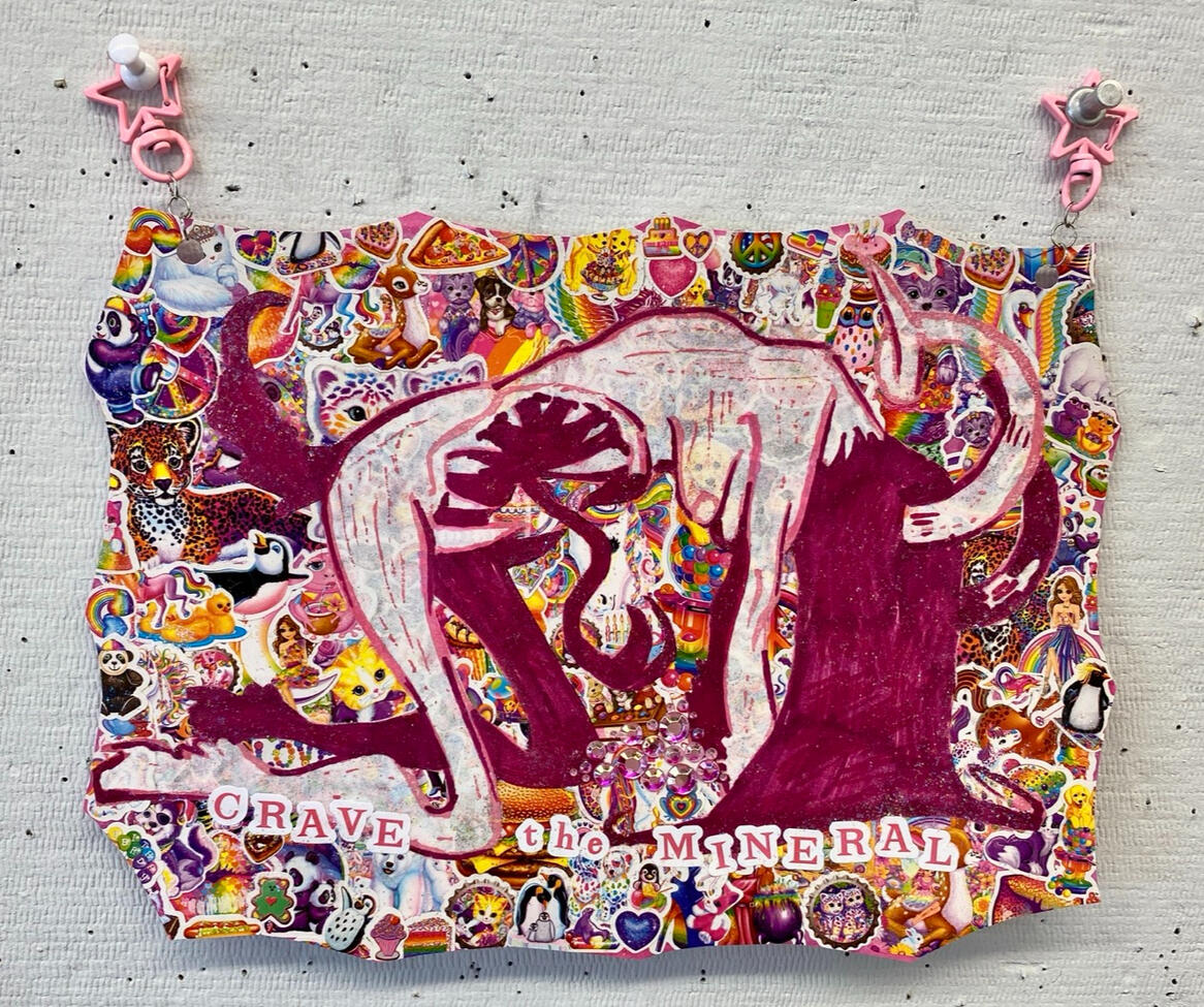 &quot;CRAVE the MINERAL&quot; Woodcut print, Lisa Frank stickers, letter stickers, and 3D gem stickers