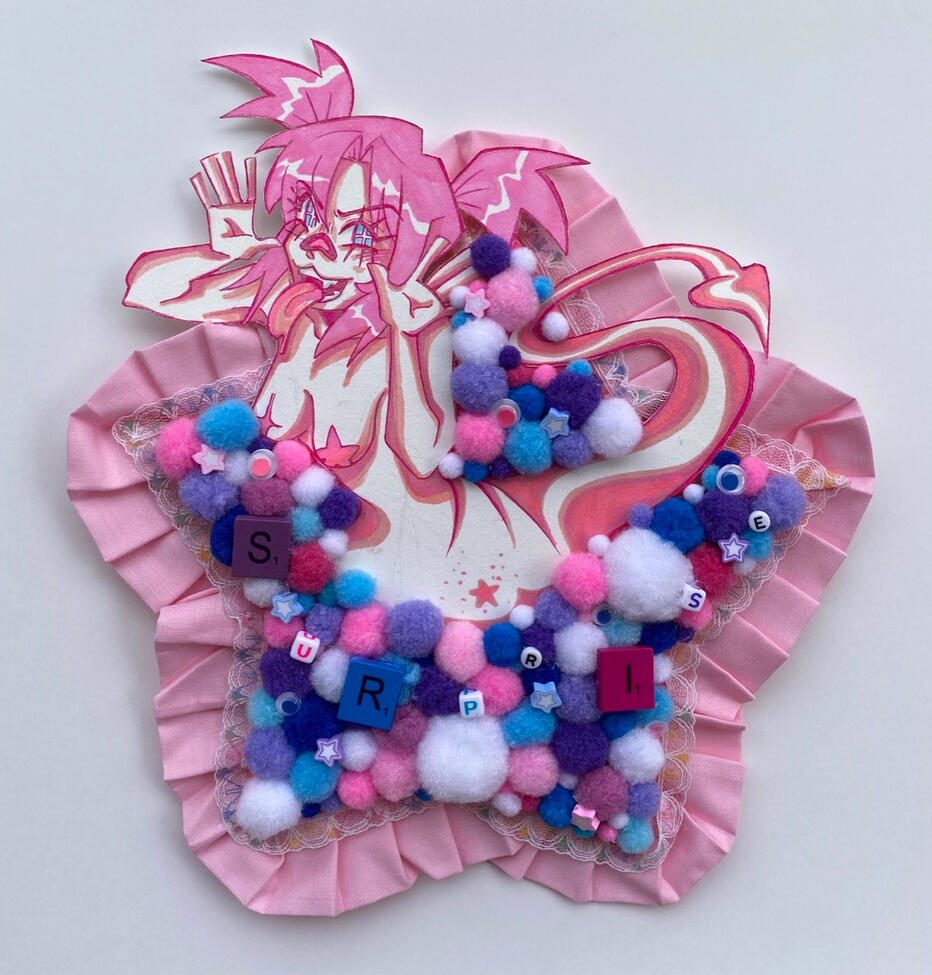 Original character with pom poms, beads, scrabble tiles, lace, and added trim