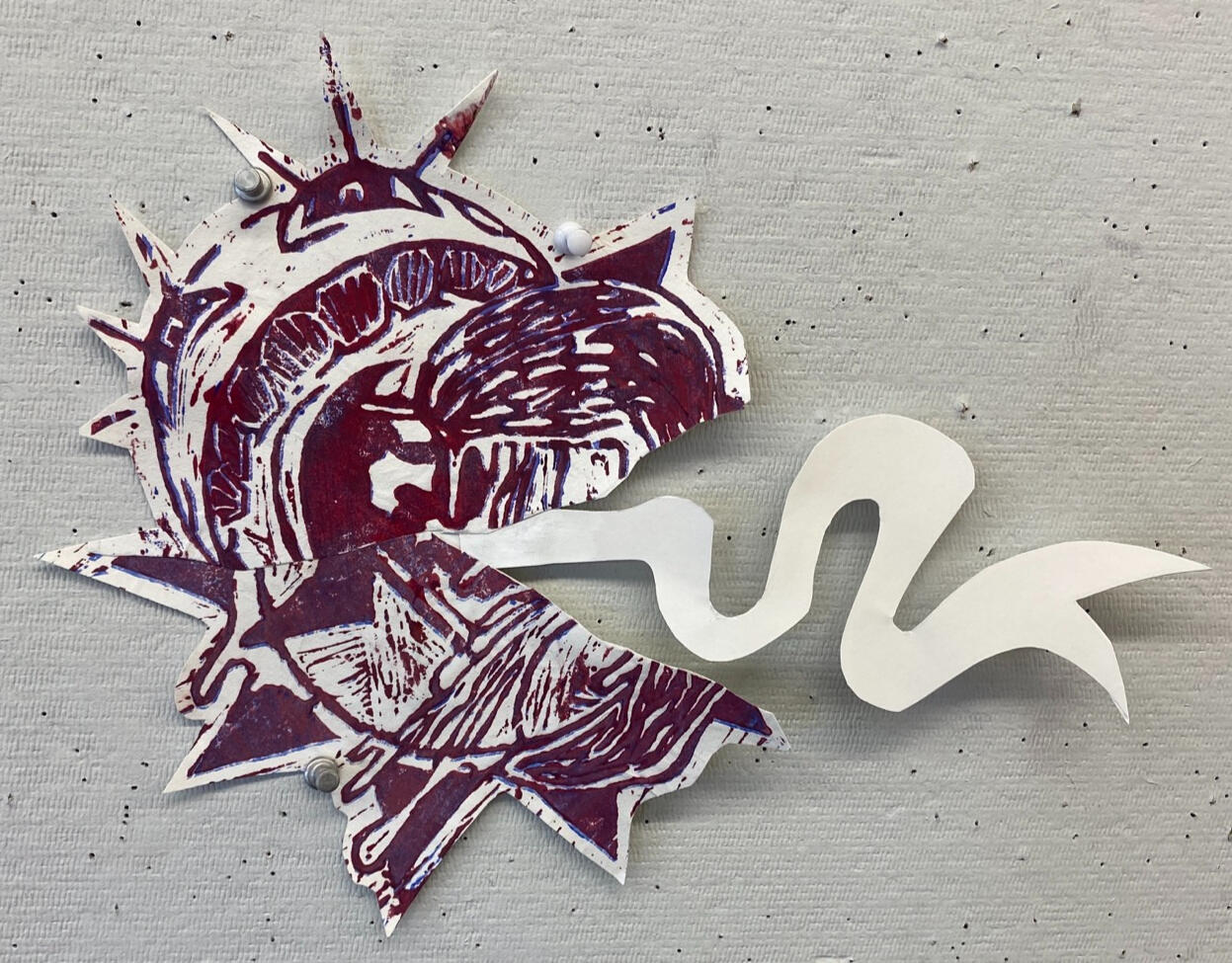 &quot;The Sun and Moon&quot;, woodcut prints cut and re-collaged together