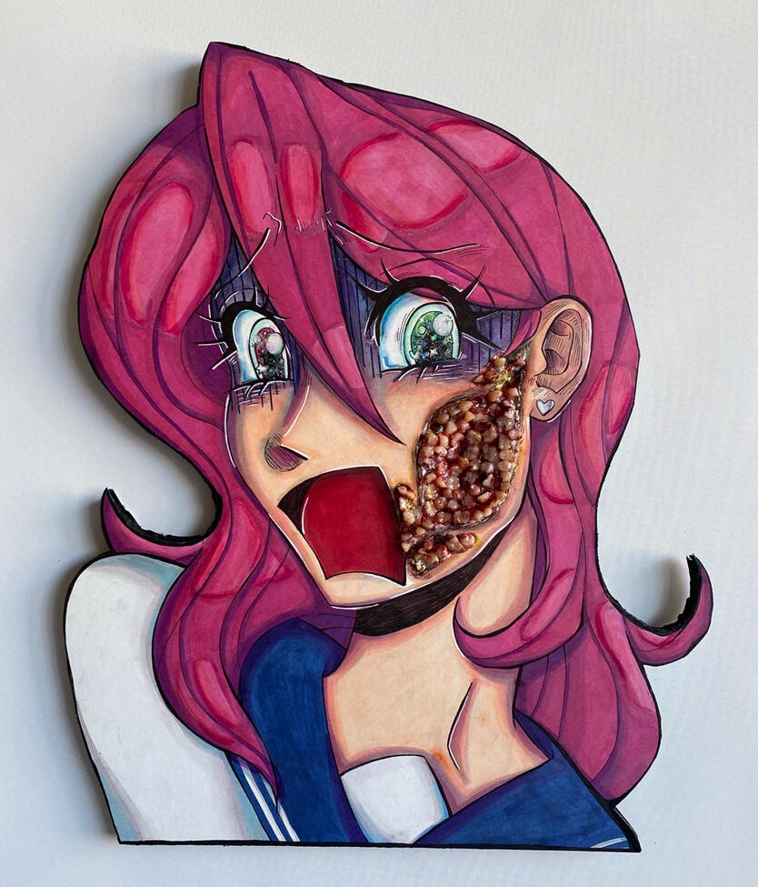 &quot;Infection&quot;, Marker, pen, glitter, paper clay, fake teeth, mod podge, acrylic paint, mounted on foamboard