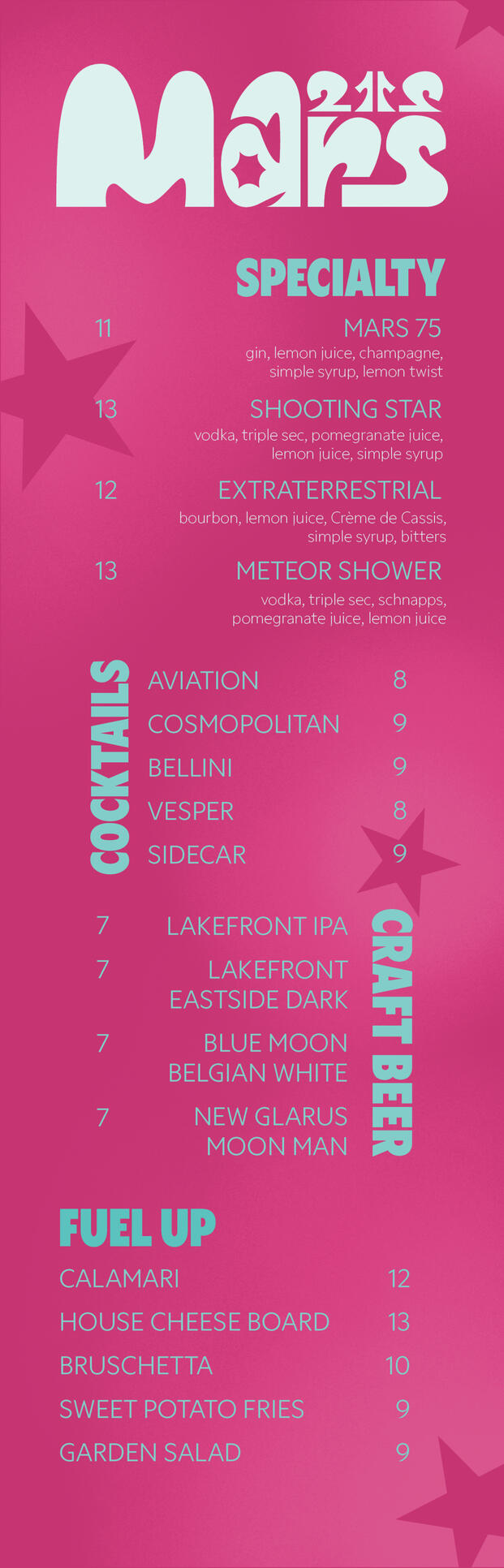 Menu (Front) design for a rebrand of the defunct restaurant "Mars 2112"