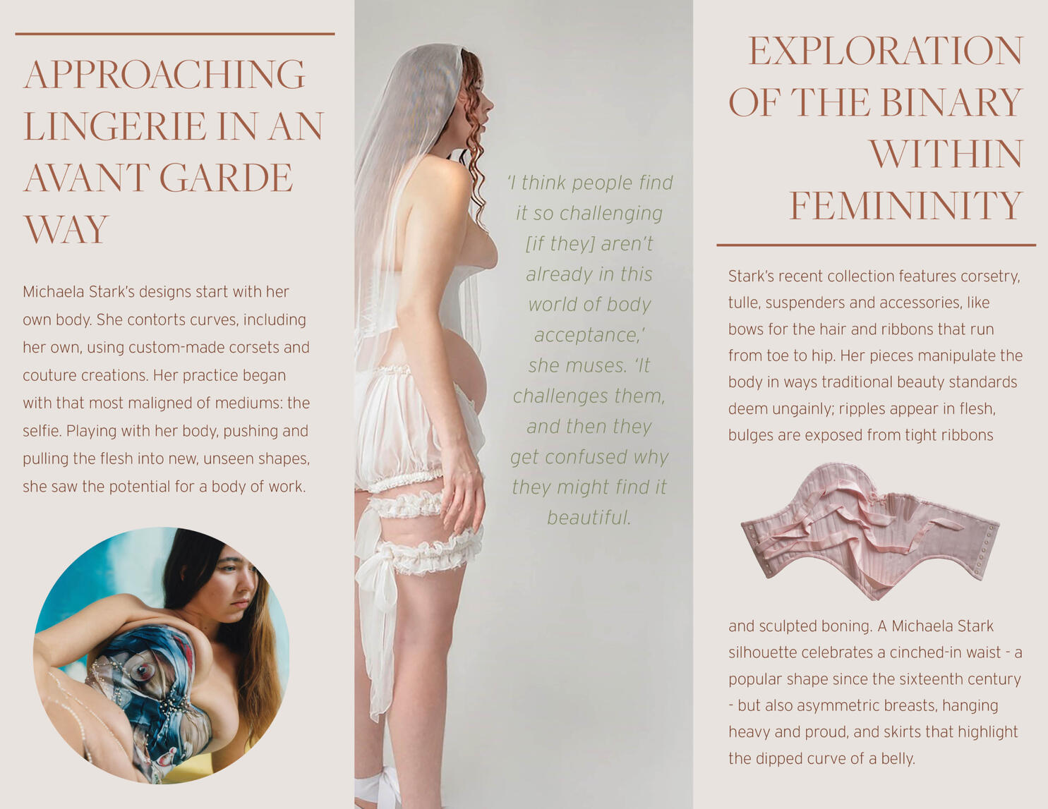 Second side of a Trifold Brochure on fashion designer Michaela Stark